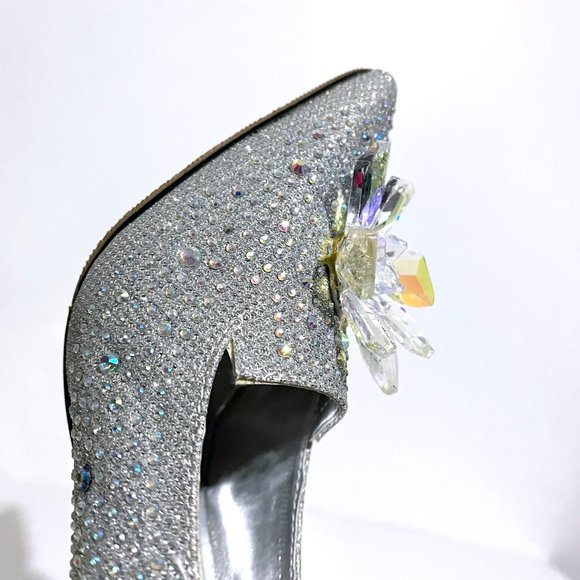 Geyunya Glitter Silver Sparkle Crystal Effect Cinderella Bridal Prom Heels - Picture 11 of 17